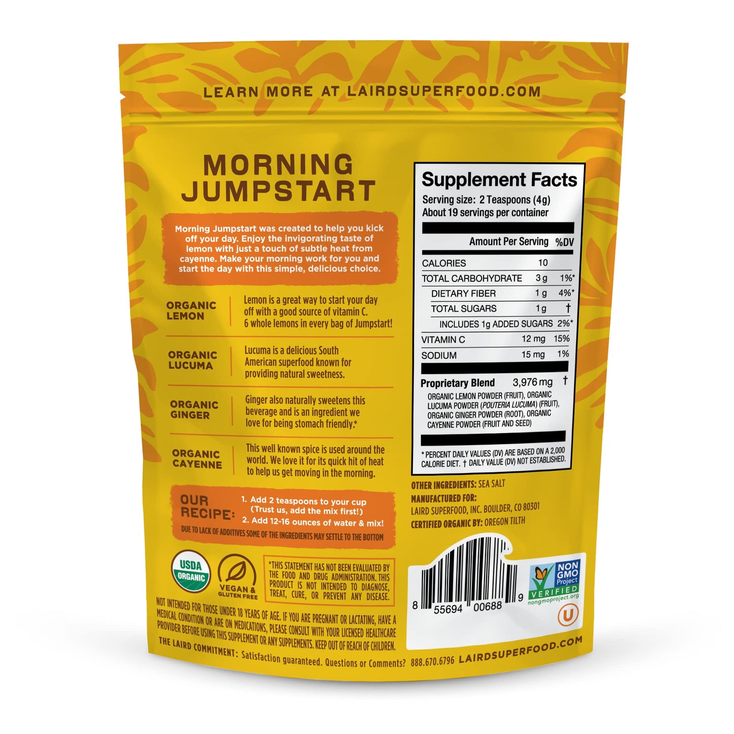 Laird Superfood Morning Jumpstart Powder Drink Supplement – Lemon, Lucuma, Ginger & Cayenne, Organic, 2.7 oz (Pack of 1)