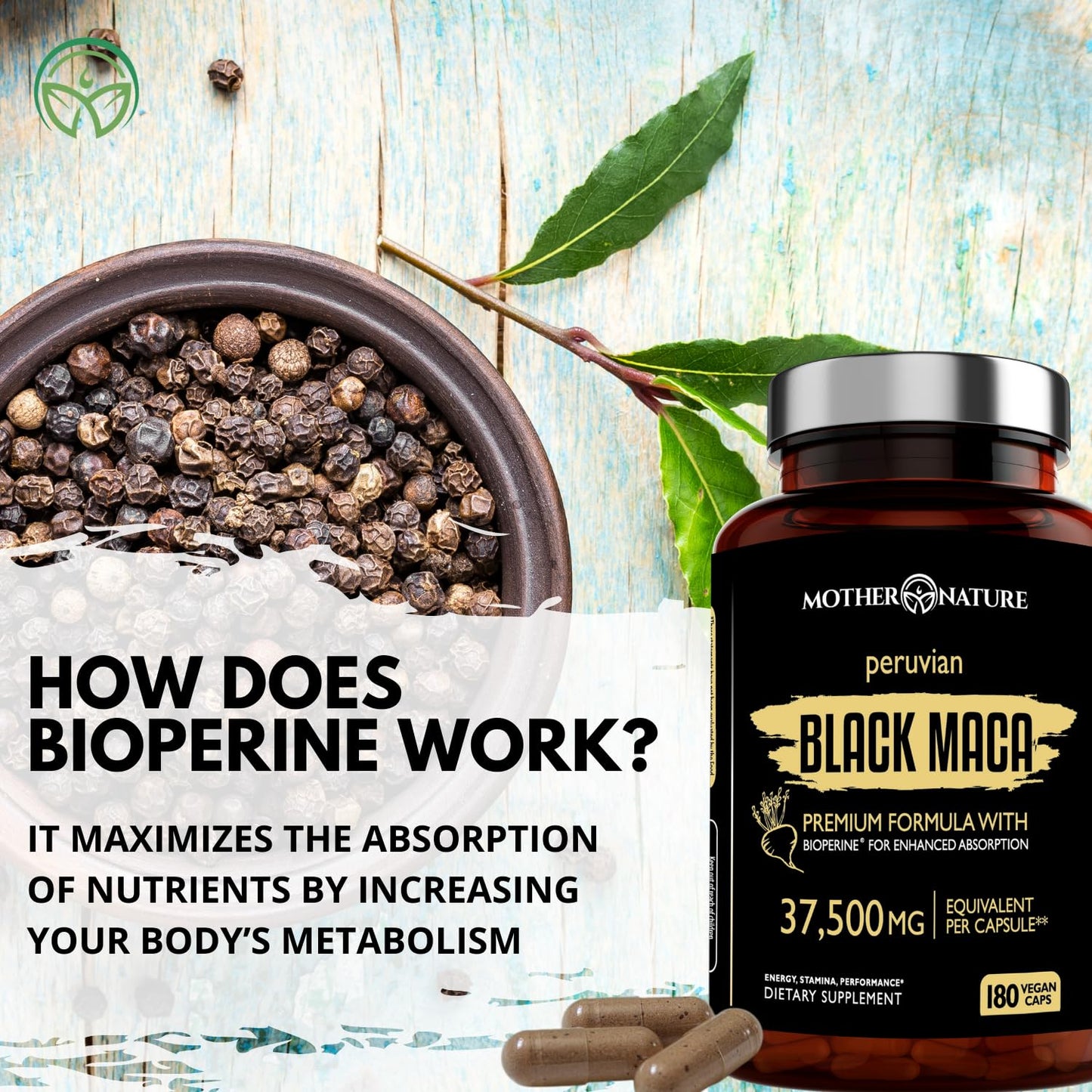 Mother Nature Black Maca 50:1 Extract – 37,500mg per Serving, 180 Vegan Capsules for Men