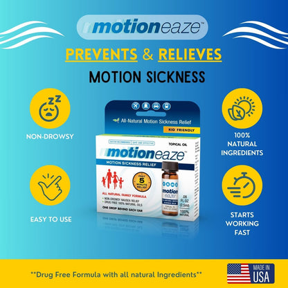MotionEaze Non-Drowsy Motion Sickness Relief - All Natural Drug Free Formula - Made in The USA - 2.5ml Bottle