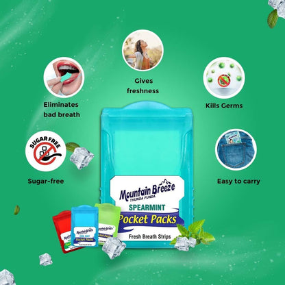 Mountain Breeze Mouth Fresh Strips – Sugar Free Spear Mint Breath Strips, 24 Strips per Cassette, Pack of 3