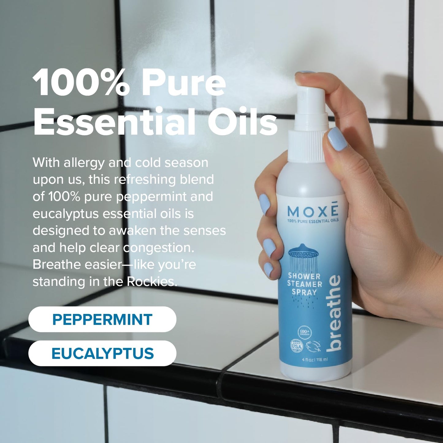 MOXE Shower Mist Breathe – Aromatherapy Shower Spray with Eucalyptus & Peppermint (4 Fl Oz, Pack of 2)