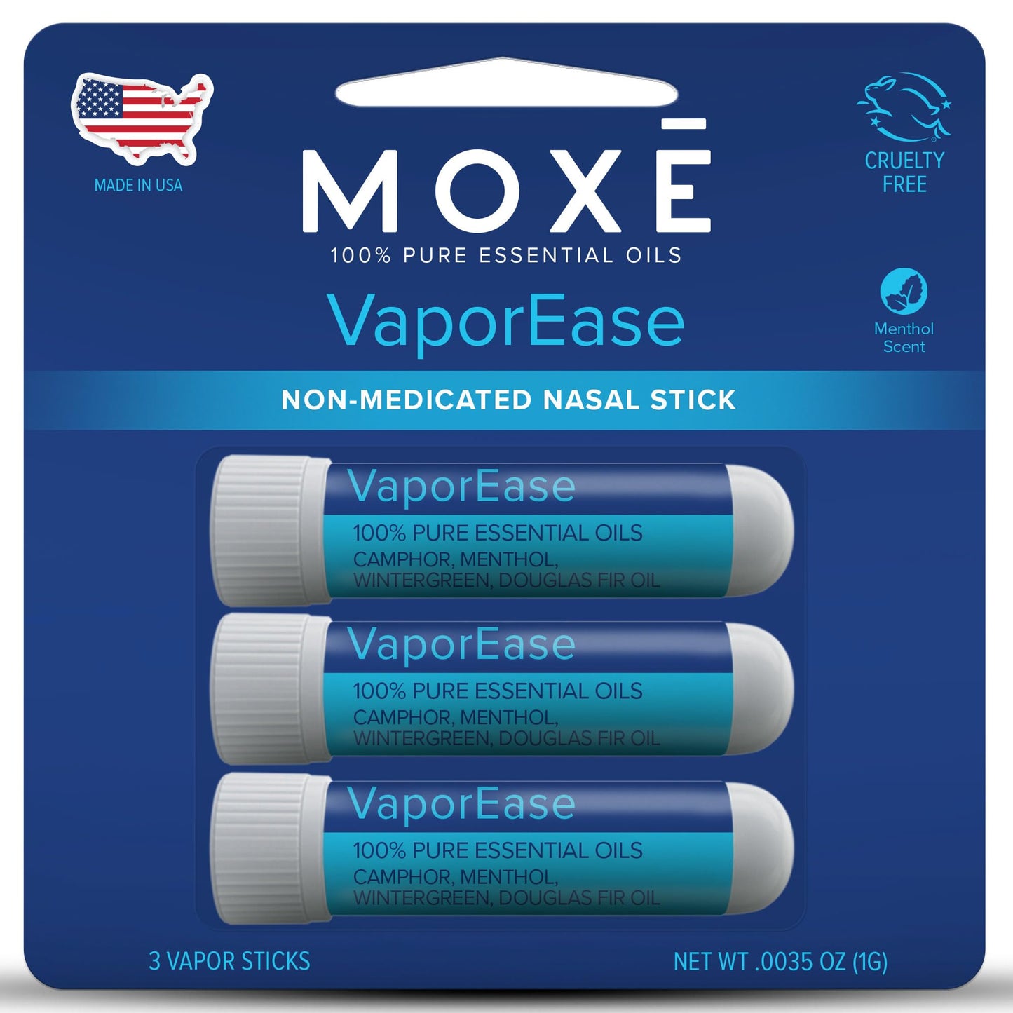 MOXE VaporEase Portable Nasal Inhaler – Non-Medicated, Menthol Scent, Made in USA (3 Pack)