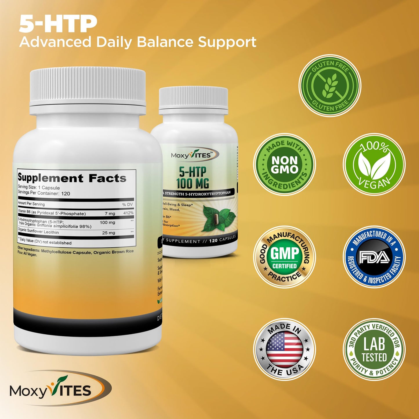 MoxyVites 5HTP 100mg with B6 – Organic, Non-GMO, 120 Vegan Capsules