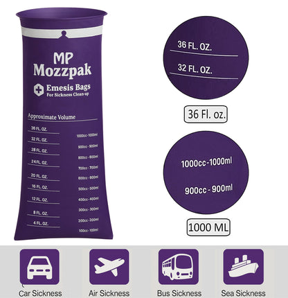 MP Mozzpak Vomit Bags 60-Pack – 1000ml Leak-Proof, Travel-Ready Purple
