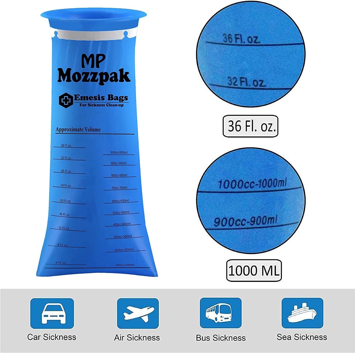MP MOZZPAK Vomit Bags Disposable 100 Pack – 1000ml Emesis Bags, Leak-Proof, Travel-Ready