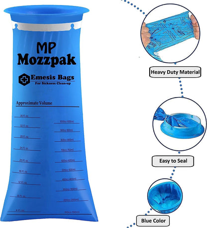 MP MOZZPAK Vomit Bags Disposable 60 Pack - 1000ml Leak-Proof Emesis Bags (Blue)