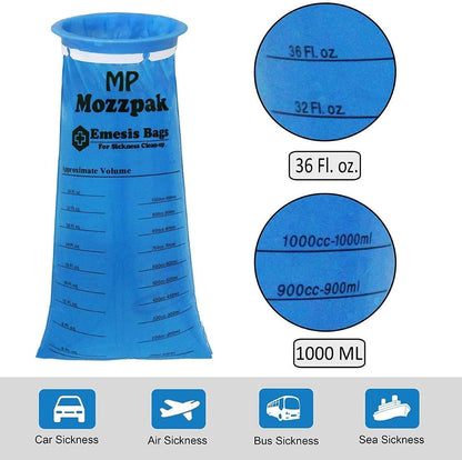 MP MOZZPAK Vomit Bags 15-Pack | 1000ml Medical-Grade Leak-Proof Emesis Bags for Travel