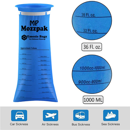 MP Mozzpak Vomit Bags 35-Pack – 1000ml Leak-Proof Emesis Bags for Travel (Blue)