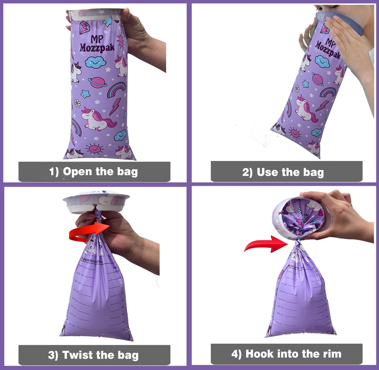 MP MOZZPAK Unicorn Kids Vomit Bags Disposable 24 Pack – Leak-Proof Travel Puke Bags