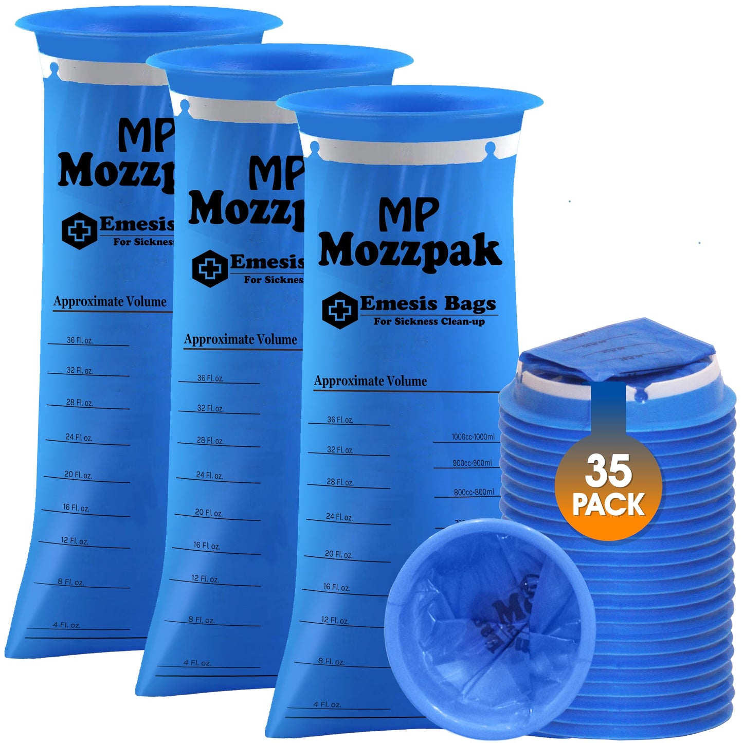 MP Mozzpak Vomit Bags 35-Pack – 1000ml Leak-Proof Emesis Bags for Travel (Blue)