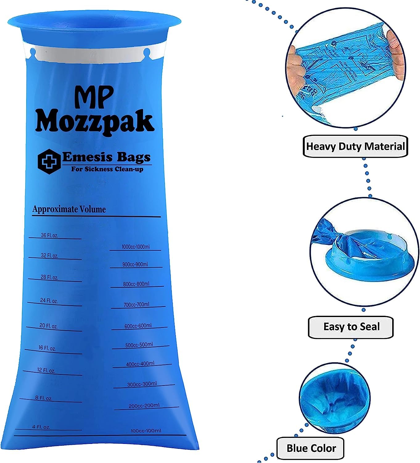 MP Mozzpak Vomit Bags 35-Pack – 1000ml Leak-Proof Emesis Bags for Travel (Blue)