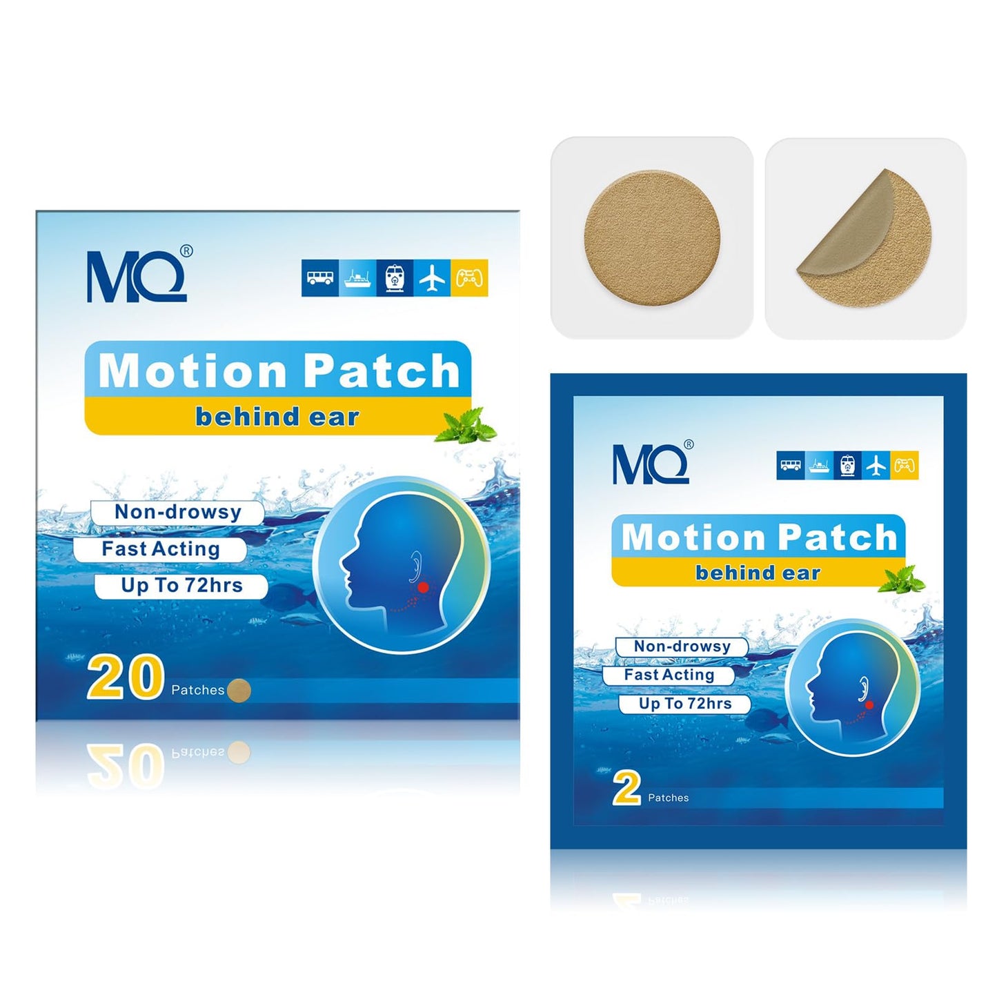 MQ Motion Sickness Patches 20ct – Non-Drowsy, Waterproof, 72H, Medium Color | Travel Essentials