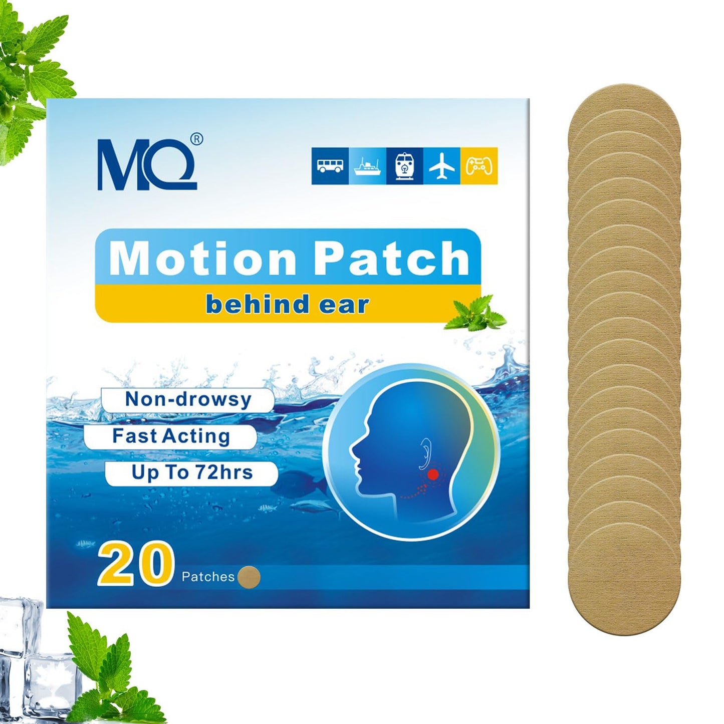 MQ Motion Sickness Patches 20ct – Non-Drowsy, Waterproof, 72H, Medium Color | Travel Essentials