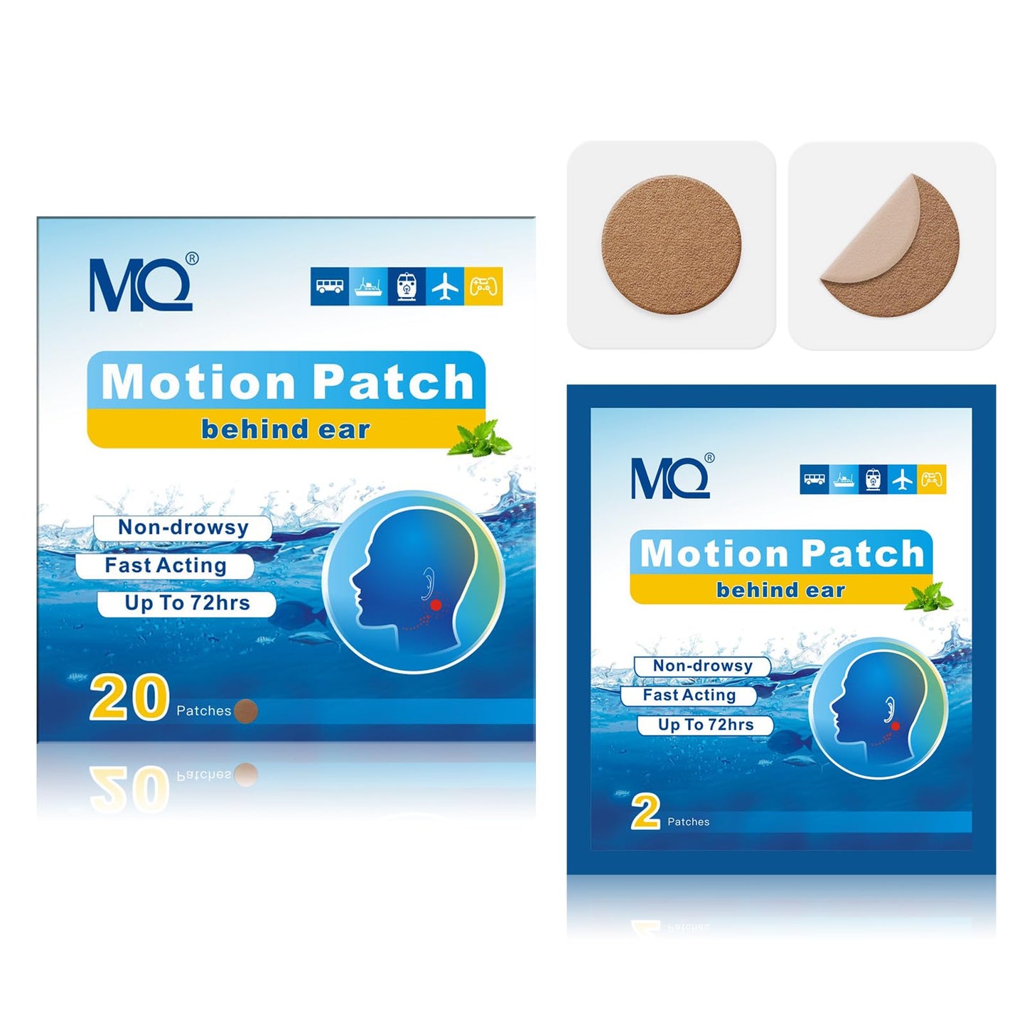 MQ 20ct Motion Sickness Patches – Dark Color, Waterproof, 72H, Travel Essential