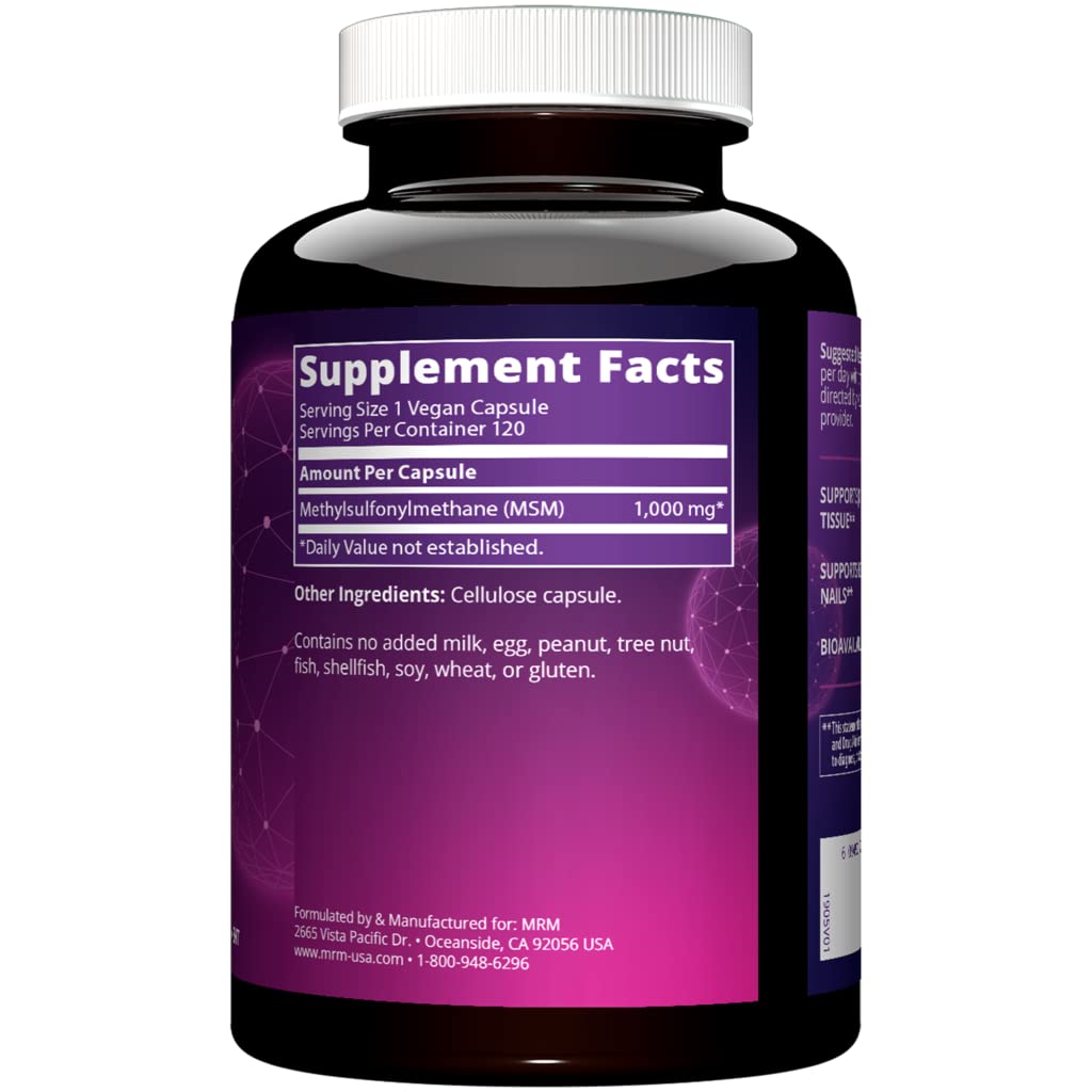 MRM Nutrition MSM 1000mg | Methyl-sulfonyl-Methane Capsules | Joint Health | Hair + Skin + Nails | Bioavailable Form of Sulfur | Gluten-Free + Vegan | 120 Servings (Pack of 2)