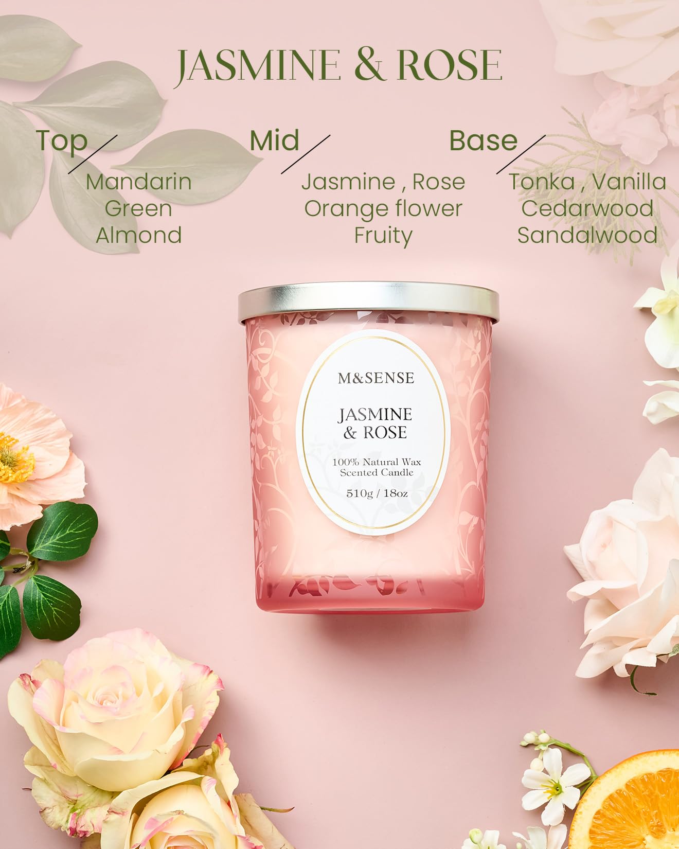 M&SENSE Jasmine Rose Candle | Crackling Wooden Wick, 18oz Soy Wax | 100+ Hours Burn | Non-Toxic Aromatherapy Gift