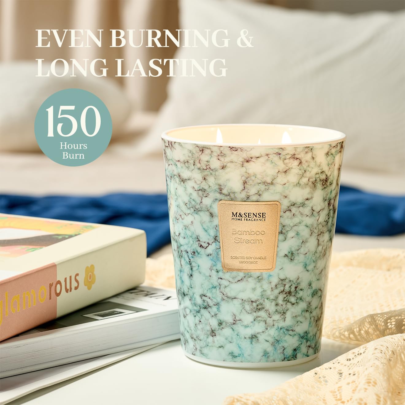 M&SENSE Extra Large 35oz 3-Wick Scented Jar Candle | 150H Burn Time, BambooStream – XL Christmas Gift