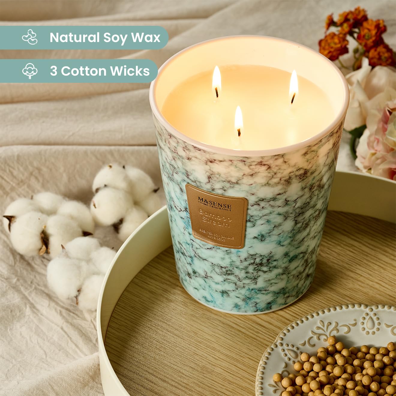 M&SENSE Extra Large 35oz 3-Wick Scented Jar Candle | 150H Burn Time, BambooStream – XL Christmas Gift