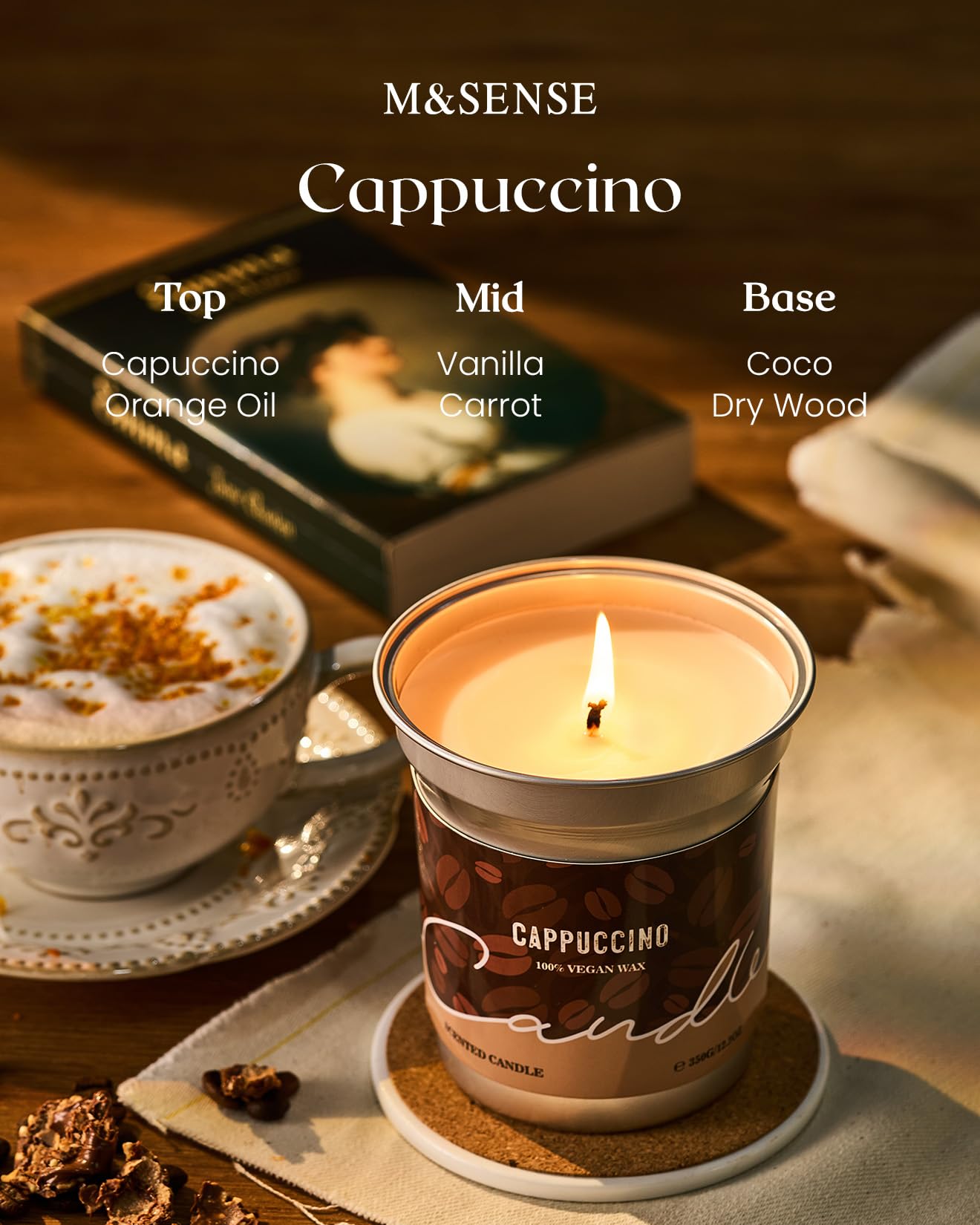 M&SENSE Cappuccino Coffee Scented Candle – 12.3oz Soy Wax, 75h Burn