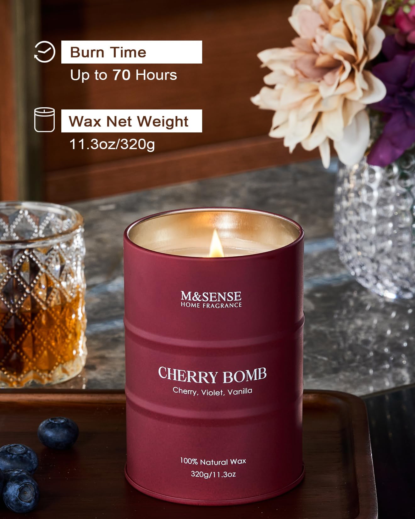 M&SENSE Cherry Bomb Scented Candle - Natural Soy Wax, 11.3 oz, 70 Hours Burn