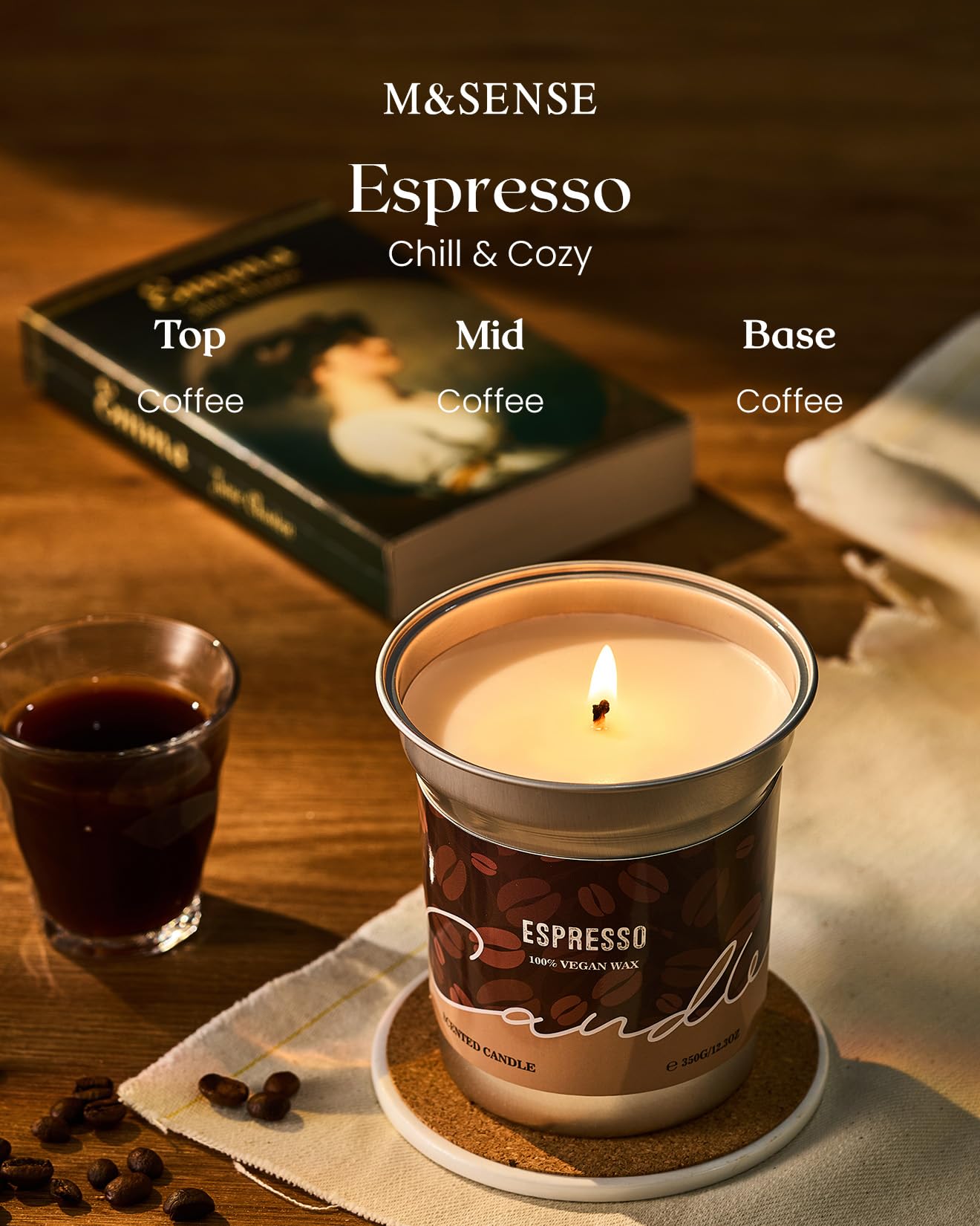 M&SENSE Espresso Candles – Black Coffee Scent, 12.3oz Soy Wax | Non-Toxic Clean Burn