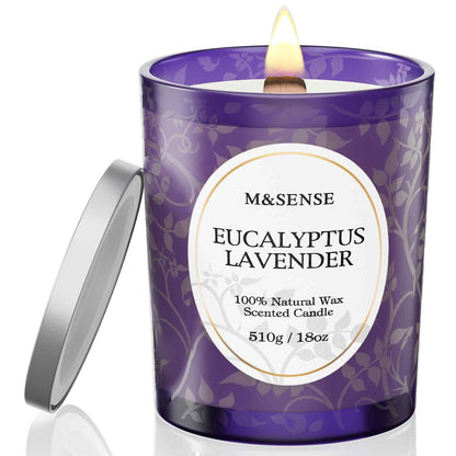 M&SENSE Eucalyptus Lavender Candle – 18oz, 100+ Hours, Wooden Wick, Non-Toxic