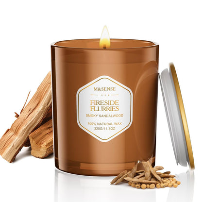 M&SENSE Fireside Flurries Candle - 11.3oz Smoky Sandalwood, 70 Hours Burn Time | Natural Soy Wax, Non-Toxic