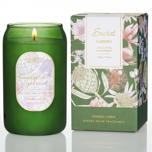 M&SENSE Green Soy Scented Candle - Eucalyptus Mint, 10.6 oz, 60-Hour Burn