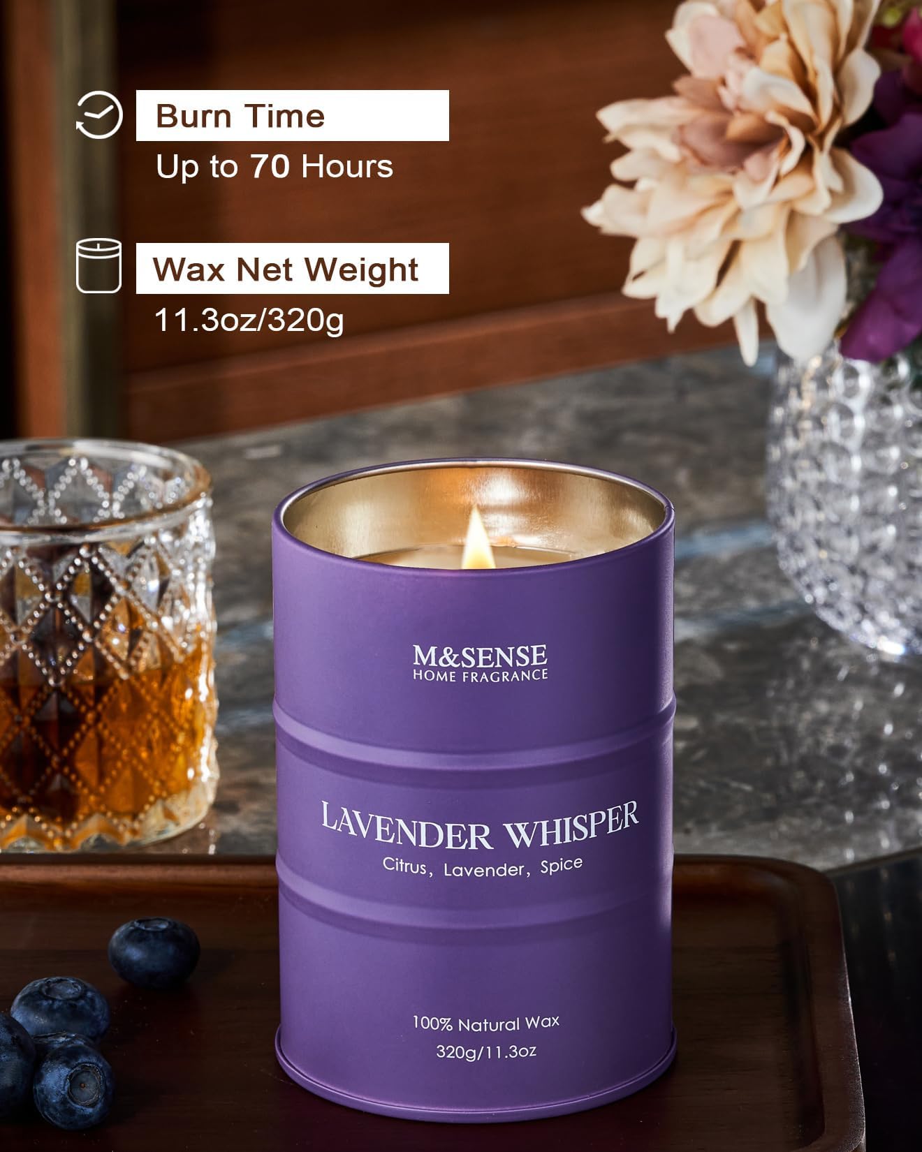 M&SENSE Lavender Soy Candle – 11.6oz, 60–70h Burn, Aromatherapy Gift