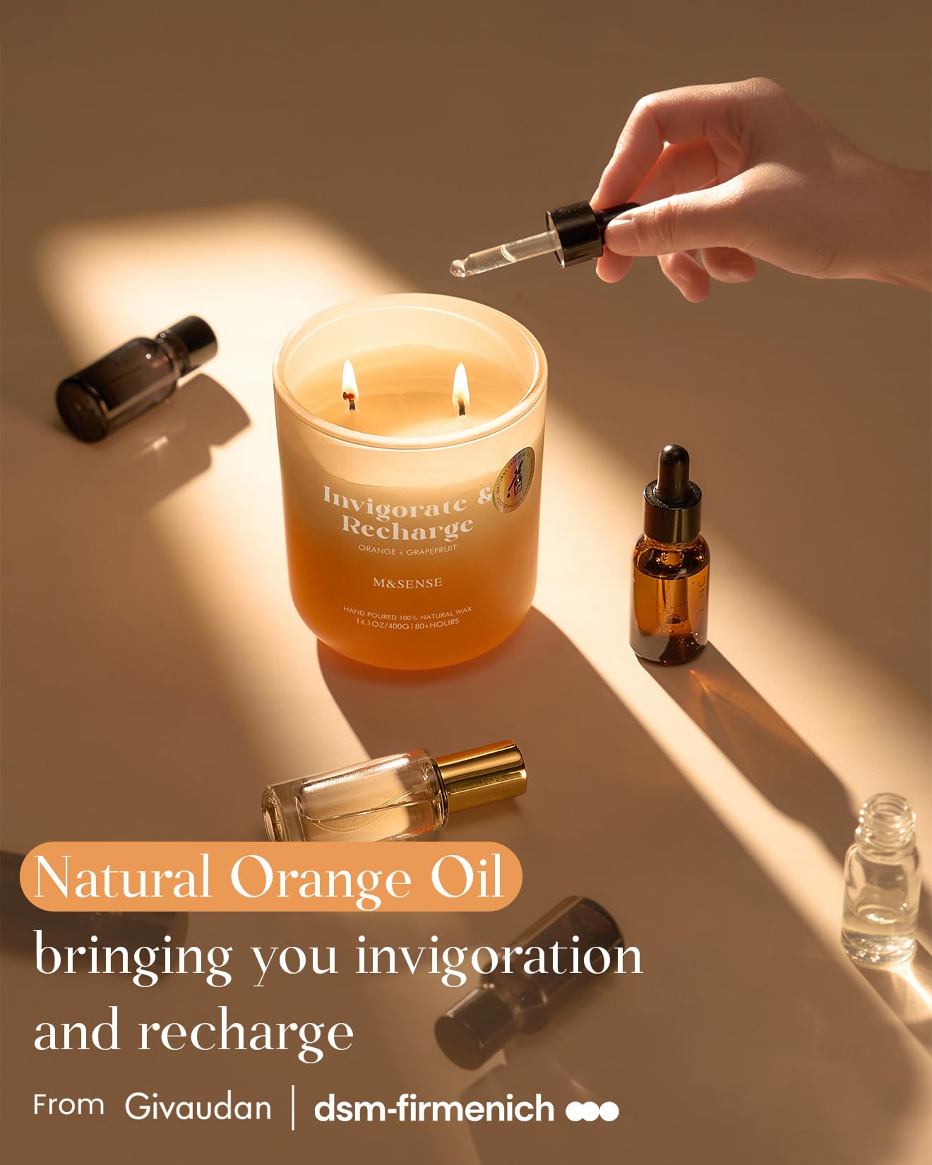 M&SENSE Orange Grapefruit Candle – 14.1oz, 2-Wick Soy, 80h Burn Time