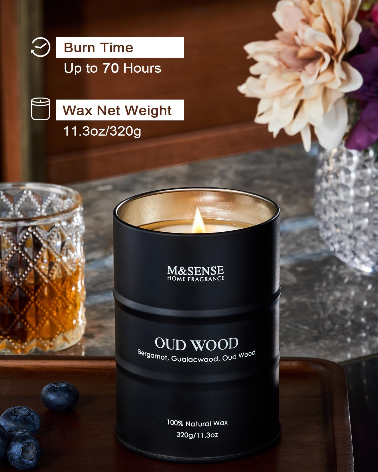 M&SENSE Oud Wood Scented Candles - Natural Soy Wax 11.3oz | 60-70h Burn Time | Gifts for Men & Women