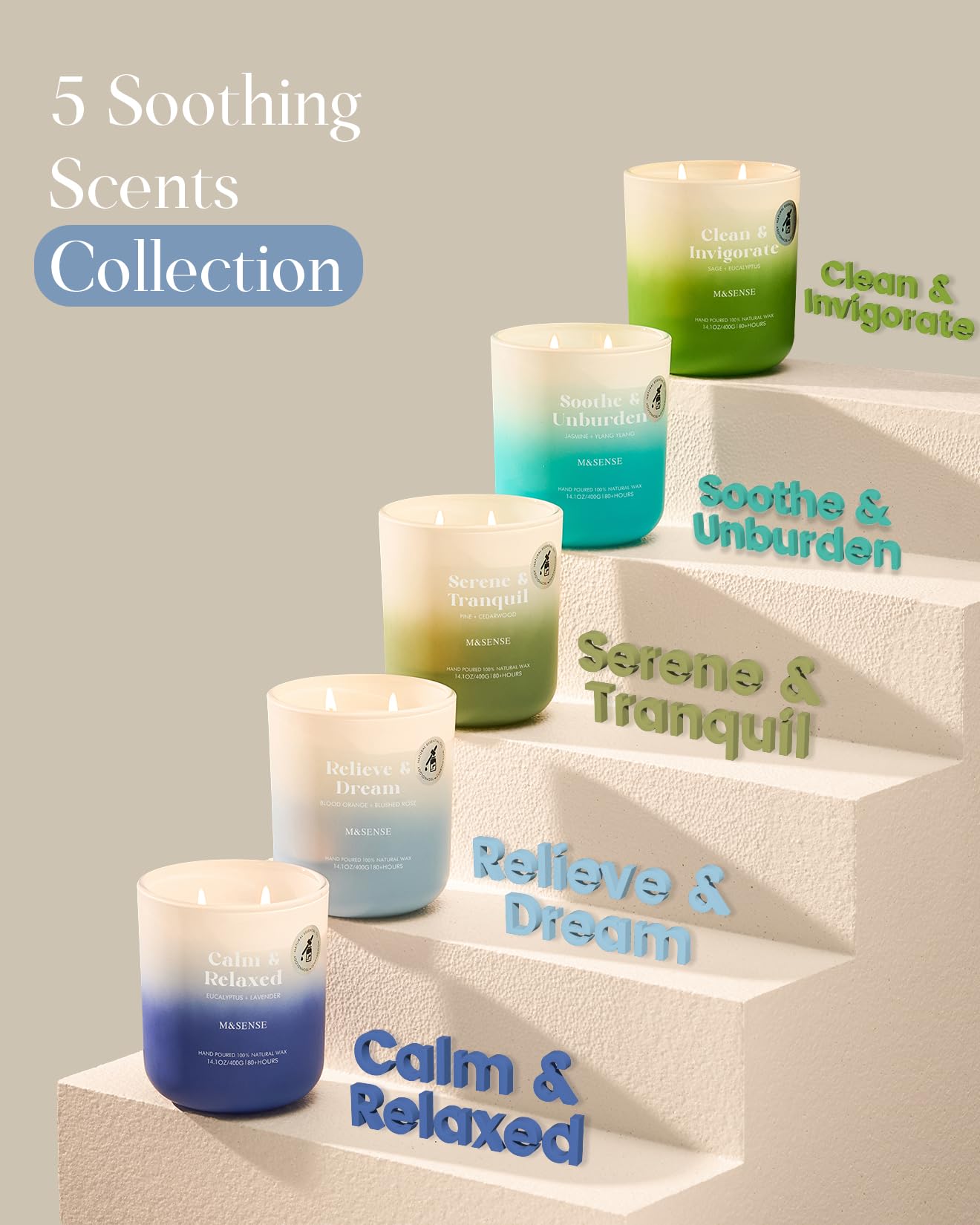 M&SENSE Eucalyptus Lavender Scented Candle – 14.1oz, 80-Hour Burn Time, MoodScentz Certified, Non-Toxic Soy Wax, Aromatherapy