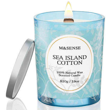 M&SENSE Sea & Cotton Scented Candle – 18oz, 100 Hours, Wood Wick