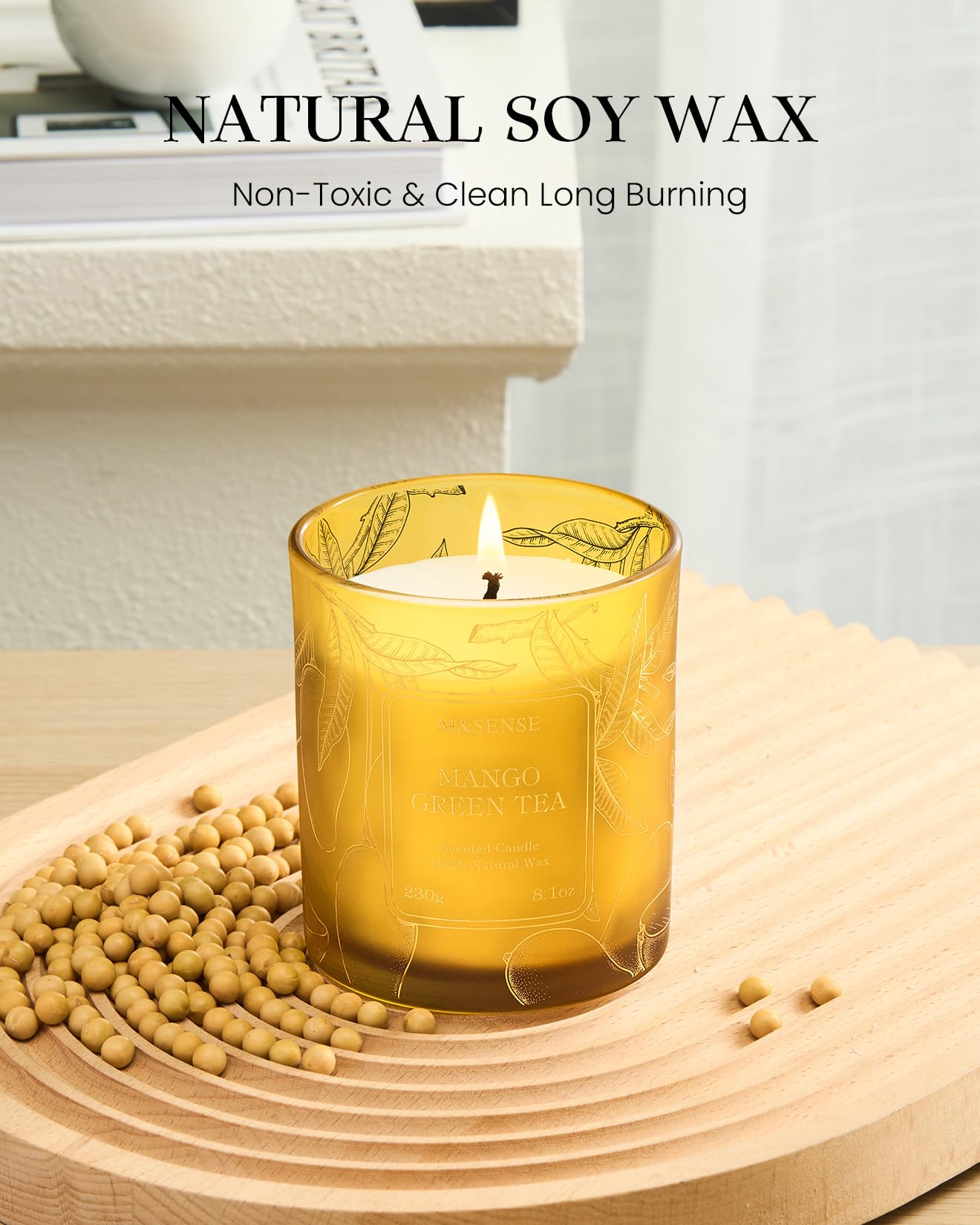 M&SENSE Mango Green Tea Scented Candle – Vegan Soy Wax, 8.1oz, 42-Hour Burn