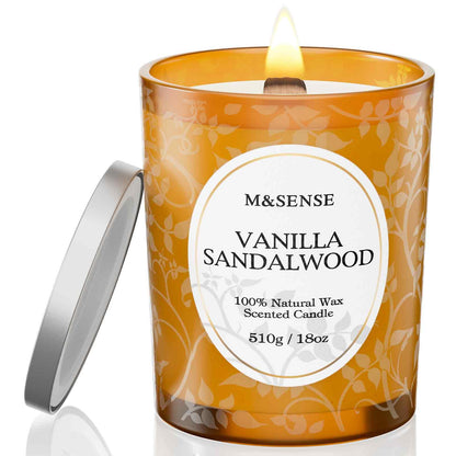 M&SENSE Vanilla Sandalwood Candle – 18oz, 100h, Wooden Wick, Non-Toxic