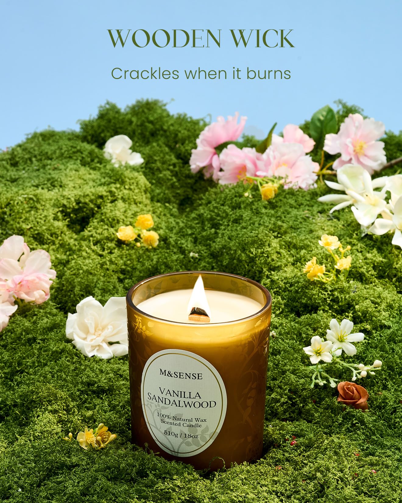 M&SENSE Vanilla Sandalwood Candle – 18oz, 100h, Wooden Wick, Non-Toxic