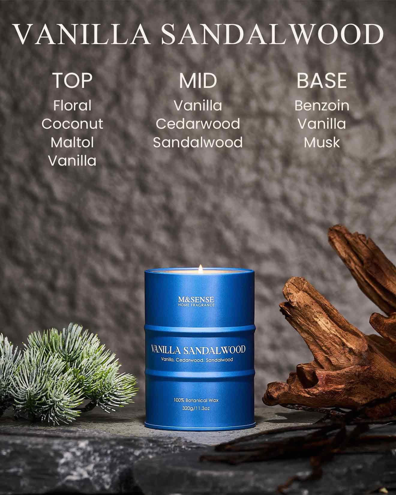 M&SENSE Vanilla Sandalwood Scented Candle – Natural Non-Toxic, 11.3oz, 70-Hour Burn