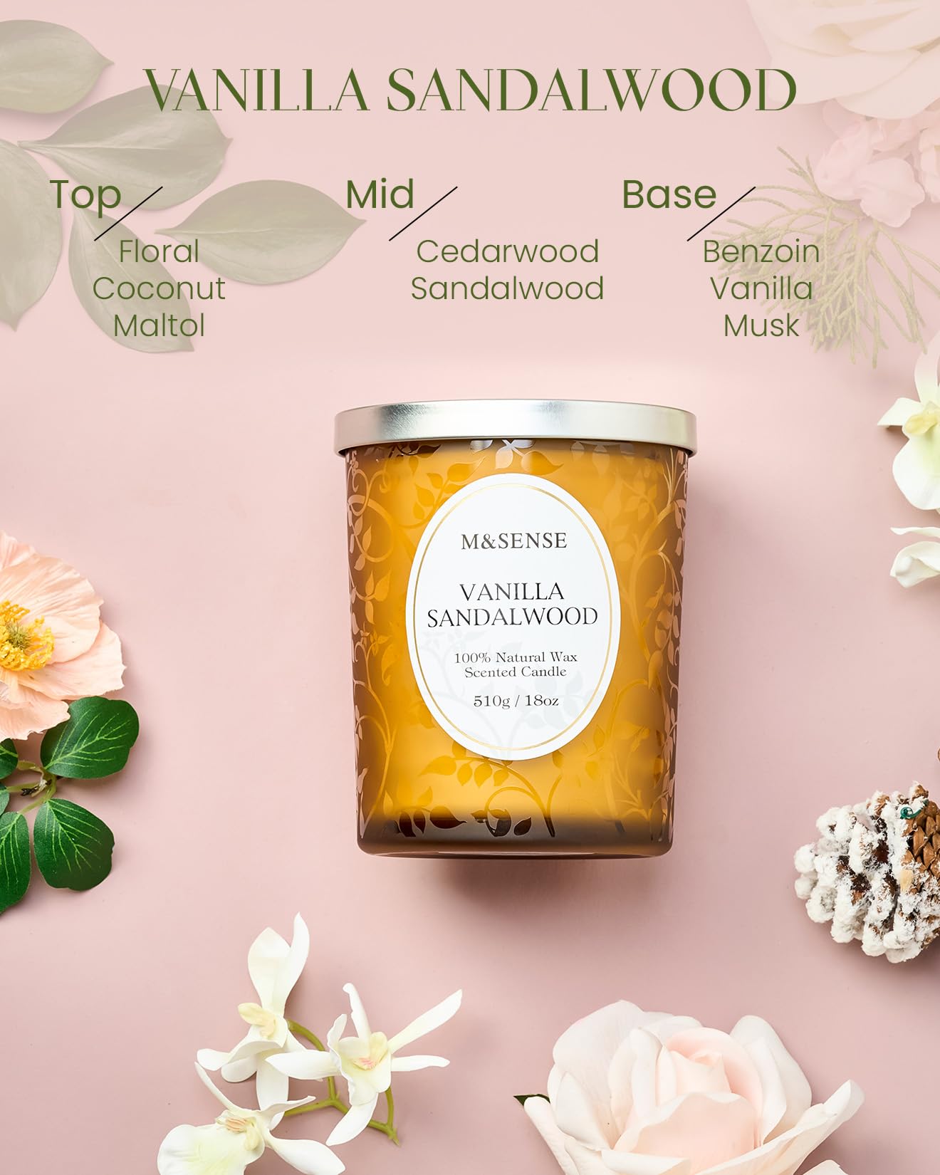 M&SENSE Vanilla Sandalwood Candle – 18oz, 100h, Wooden Wick, Non-Toxic