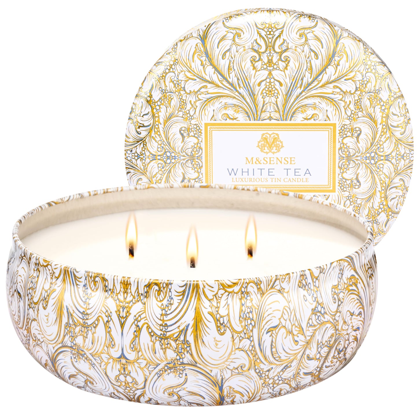 M&SENSE White Tea 3-Wick Soy Candle – 40+ Hr Burn, 100% Natural Vegan Wax