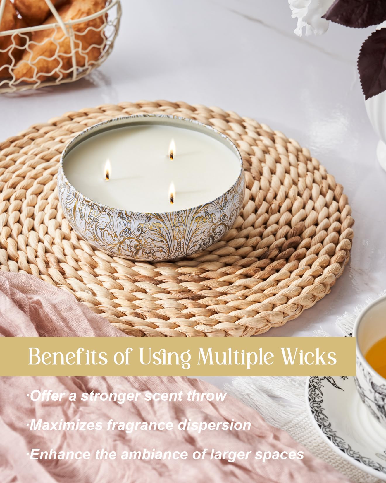 M&SENSE White Tea 3-Wick Soy Candle – 40+ Hr Burn, 100% Natural Vegan Wax