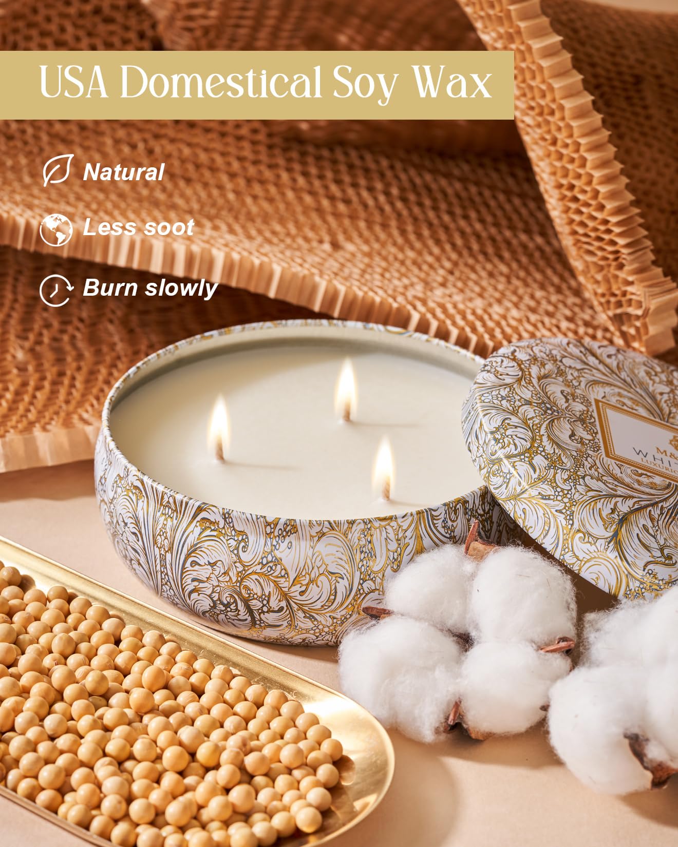 M&SENSE White Tea 3-Wick Soy Candle – 40+ Hr Burn, 100% Natural Vegan Wax