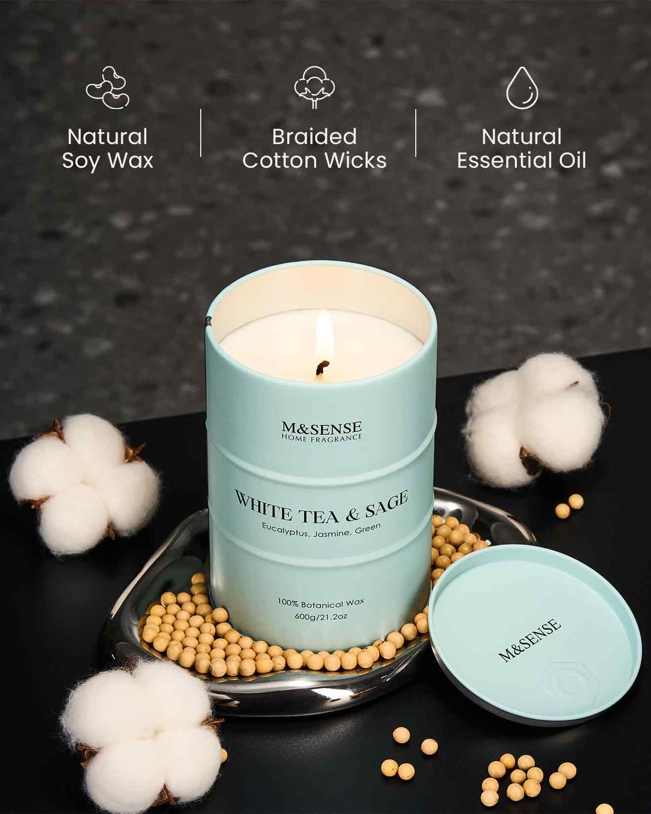 M&SENSE White Tea Sage Scented Candle – Large 21.2oz Natural Soy, 120-Hour Burn Time