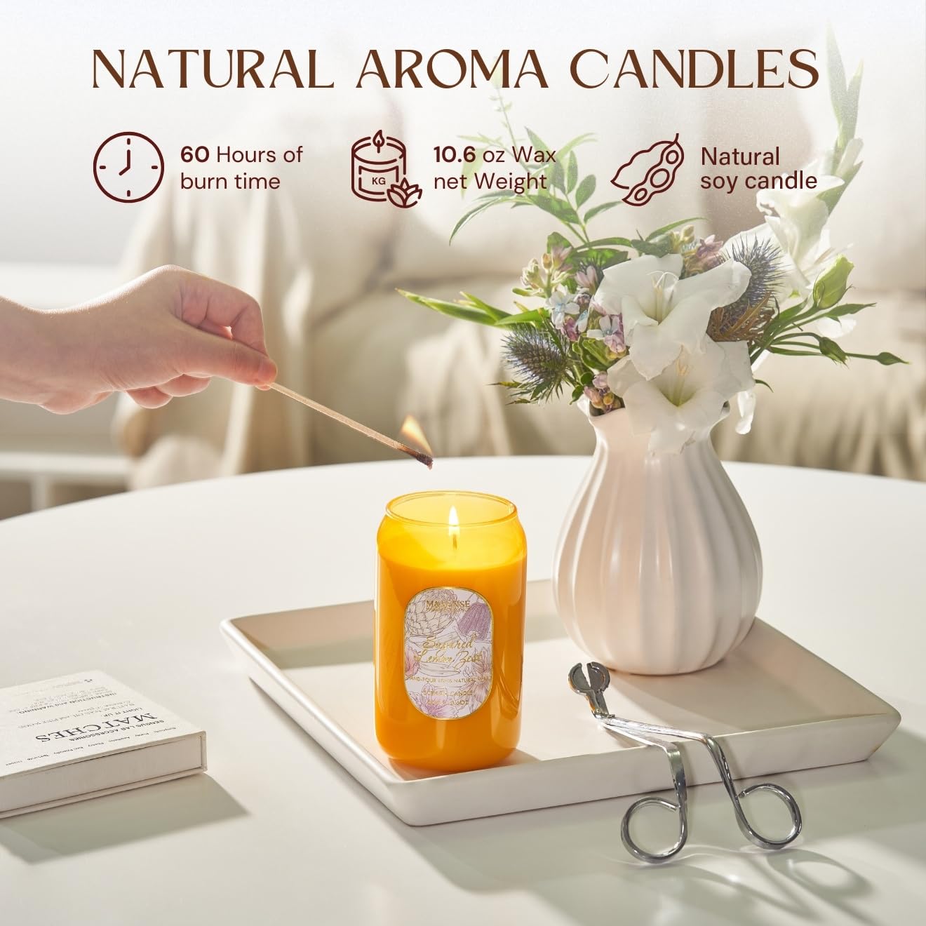 M&SENSE Aromatherapy Yellow Soy Candle – Sugared Lemon Zest, 60-Hour Burn