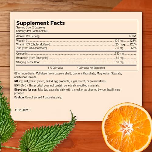Mt. Angel Vitamins Zinc Quercetin with Bromelain – Immune Support & Respiratory Health, Quercetin 500mg, Zinc 50mg, Vitamin C | 120ct