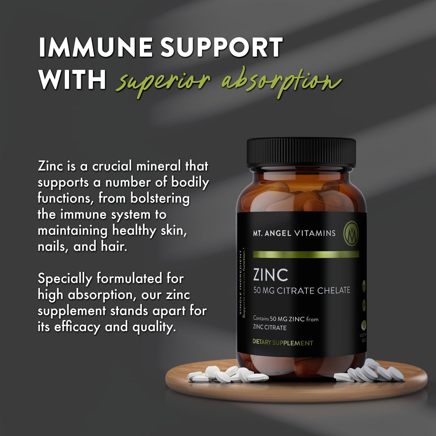 Mt. Angel Vitamins - Zinc Citrate 50mg - Zinc 50 mg Citrate Chelate - Natural Zinc Supplements Made in USA - 60 Vegetarian Tablets