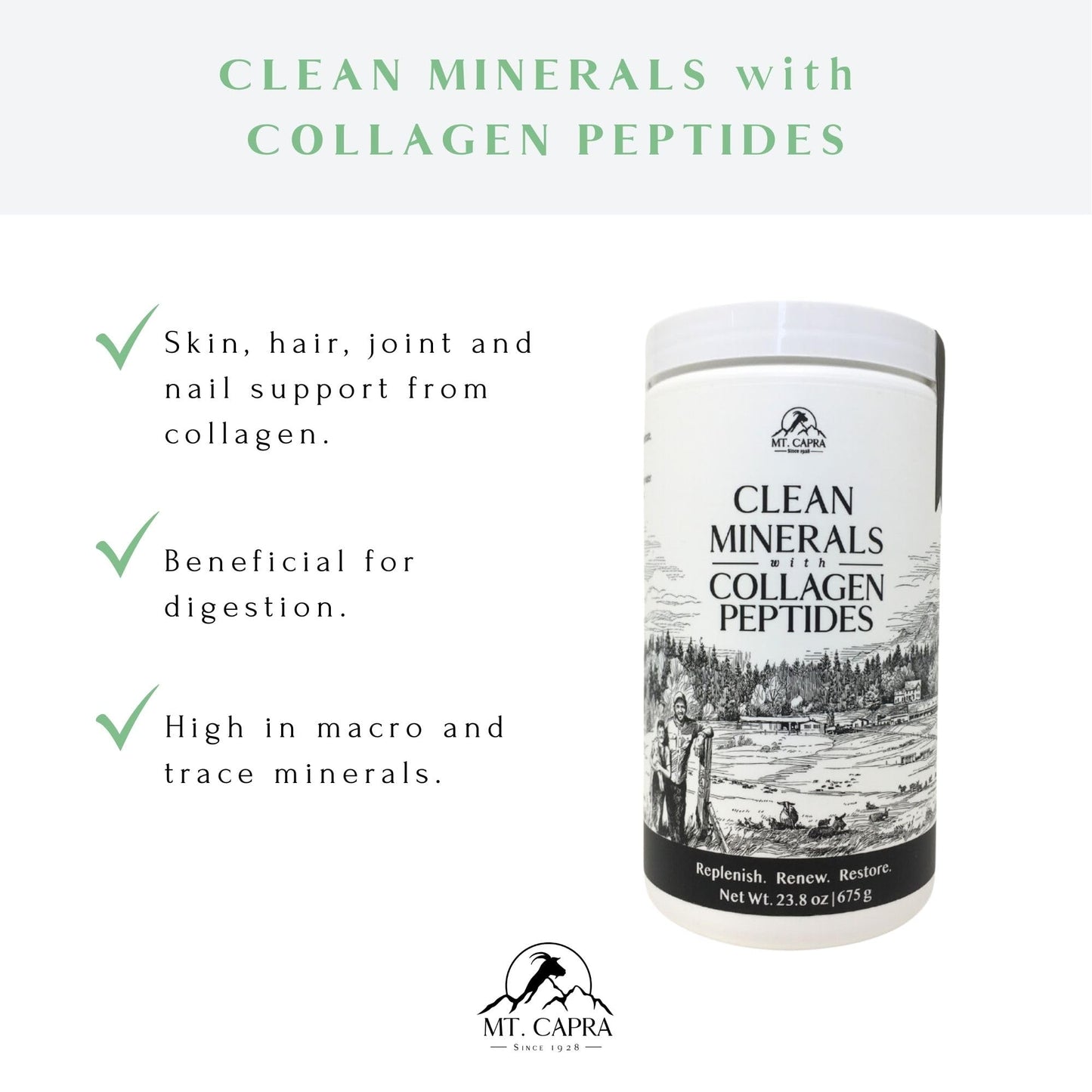 Mt. Capra Clean Minerals with Collagen Peptides | Whole Food Minerals from Goat Milk Whey and Grass-Fed Type I and III Collagen Peptides | 10 g Protein per Serving | Unflavored | 20 Servings - 23.8 oz