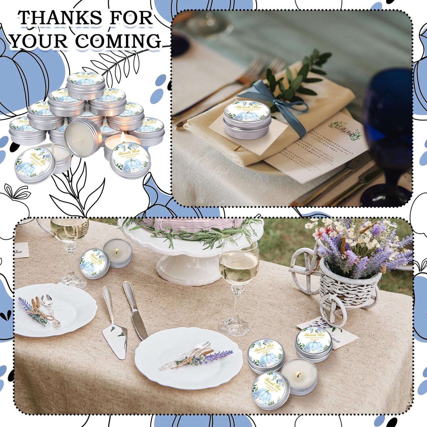 MTLEE 50 Pcs Little Pumpkin Baby Shower Favors - Lavender Soy Wax Travel Tin Candles (Blue)
