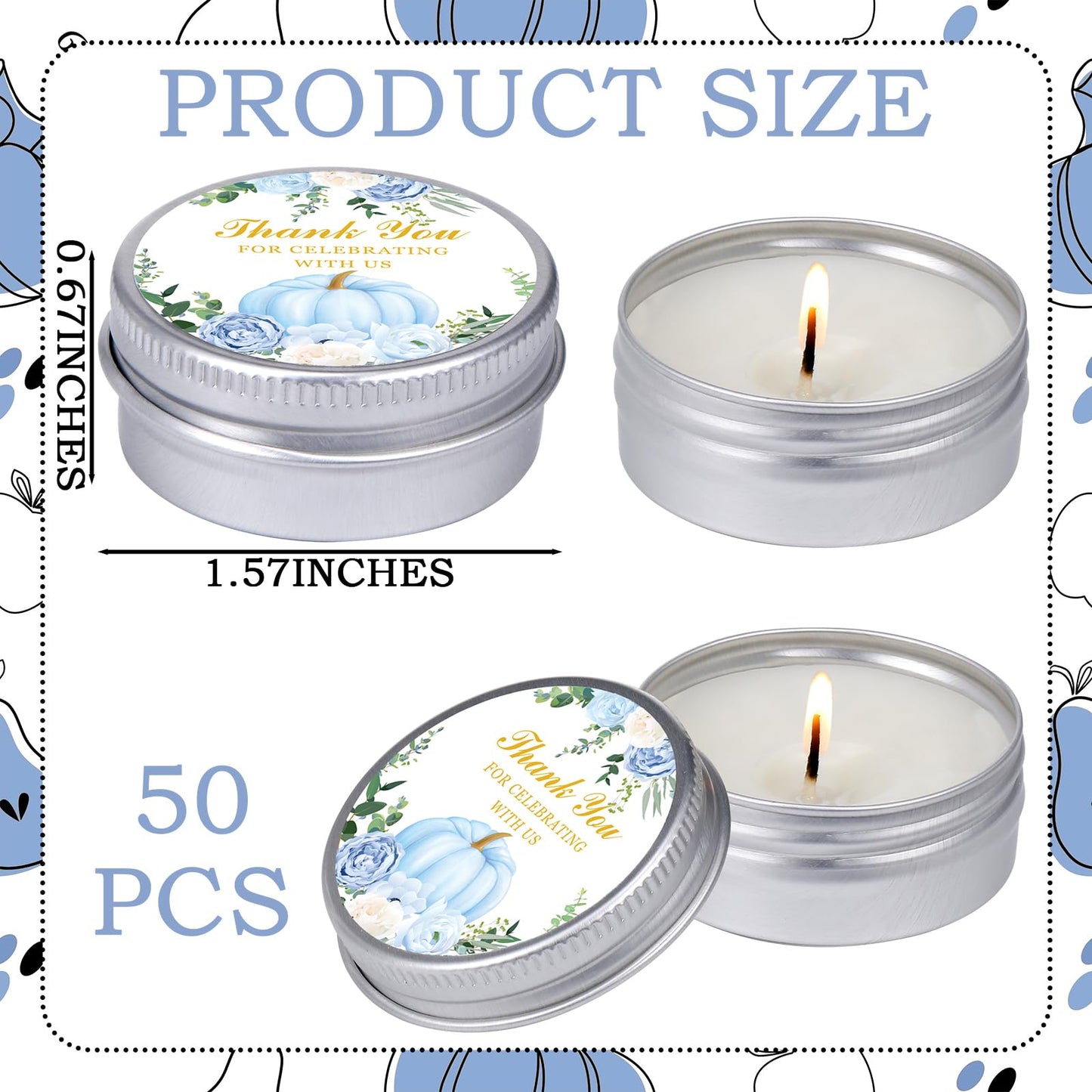 MTLEE 50 Pcs Little Pumpkin Baby Shower Favors - Lavender Soy Wax Travel Tin Candles (Blue)