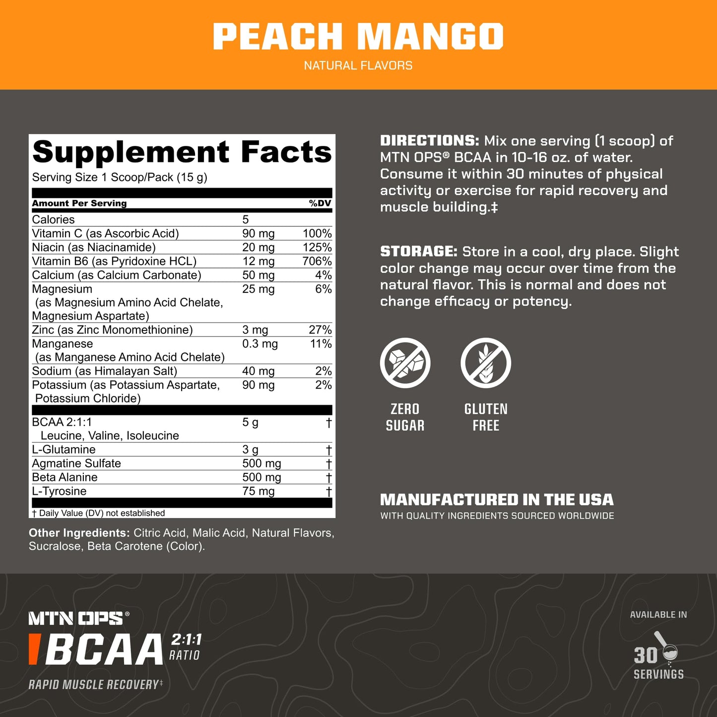 MTN OPS BCAA 2:1:1 Powder - Peach Mango, 30 Servings | Zero Sugar & Gluten Free