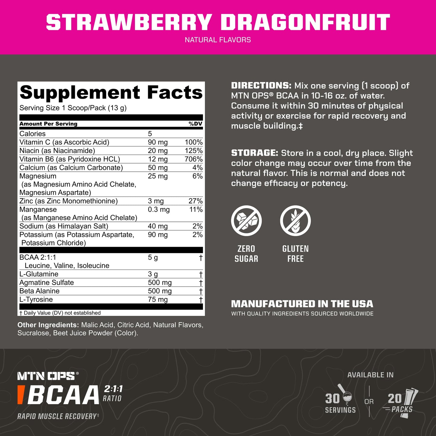 MTN OPS BCAA 2:1:1 Amino Acids – Zero Sugar & Gluten Free | Rapid Muscle Recovery (30-Serv, Strawberry Dragonfruit)